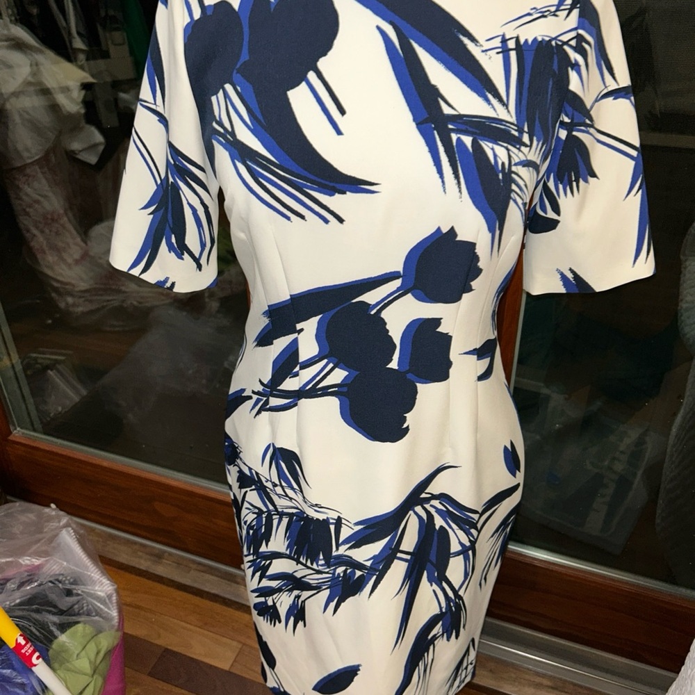Blue and White Sheath Midi Dress with Bateau Neckline